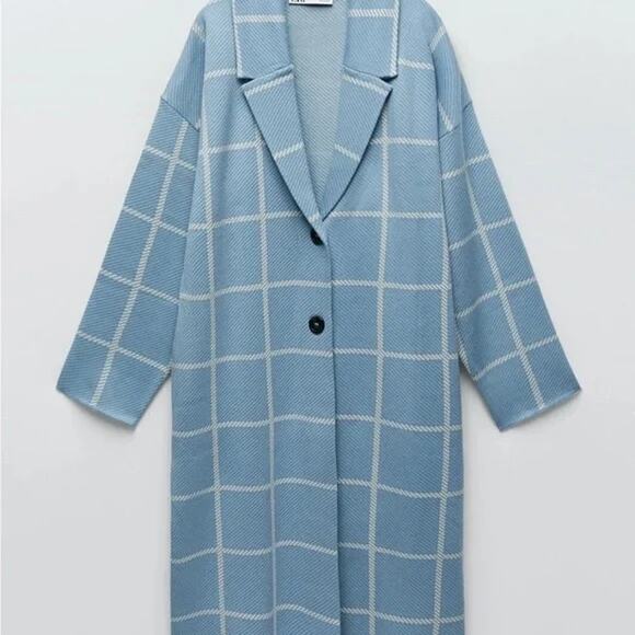 Zara Blue Button Plaid Checkered Knit Oversized Jacket Long Duster Coat EUC S - Picture 2 of 8